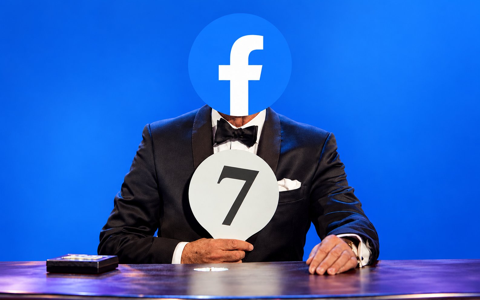 Judge with a Facebook logo for a head holding up a score paddle reading 7
