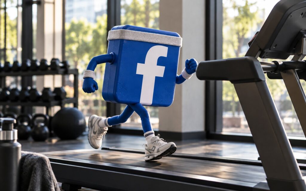 Cartoon Facebook logo character running on a gym treadmill, working hard but going nowhere
