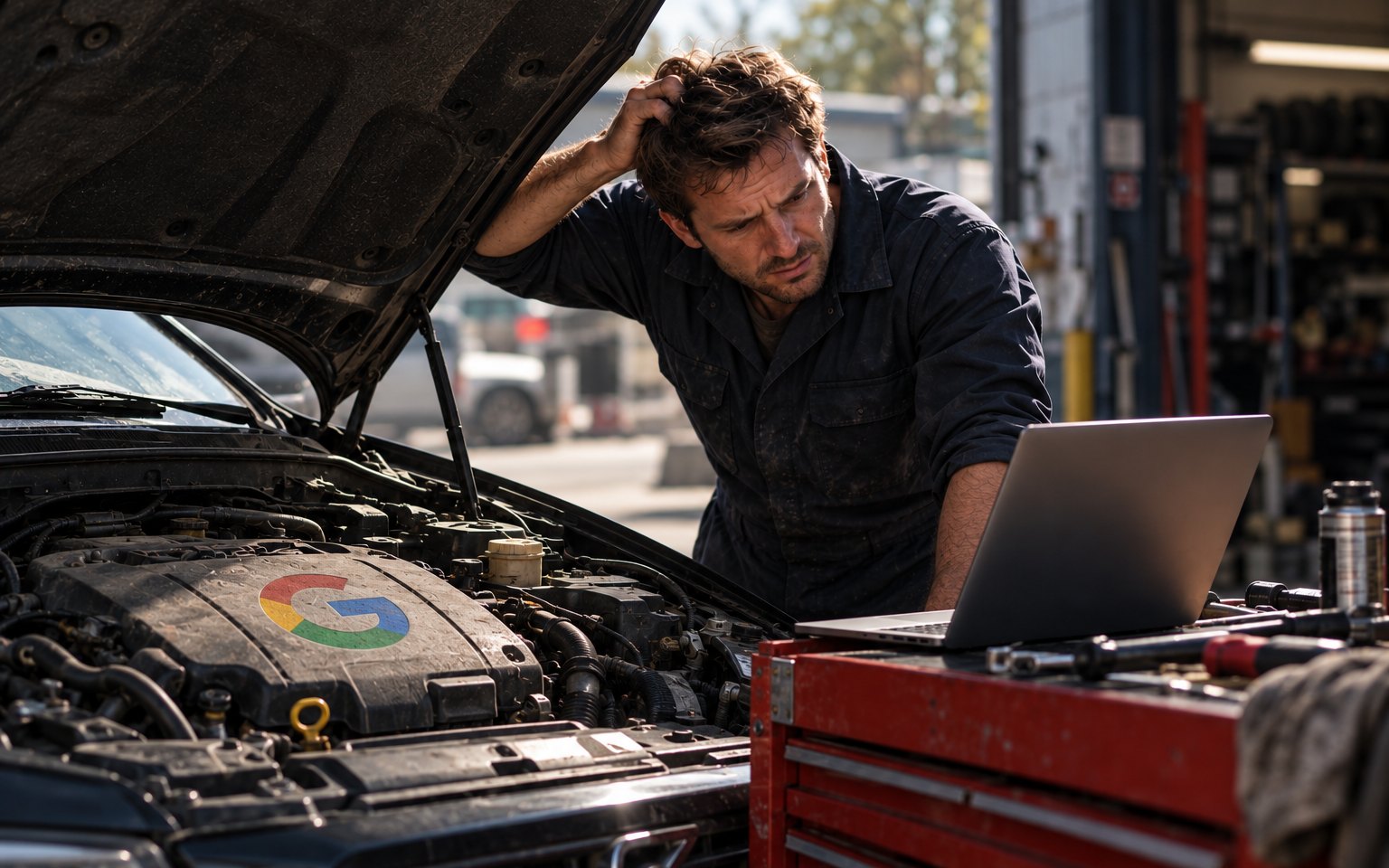Puzzled mechanic scratching his head over an engine with a Google logo, checking a laptop for the fault