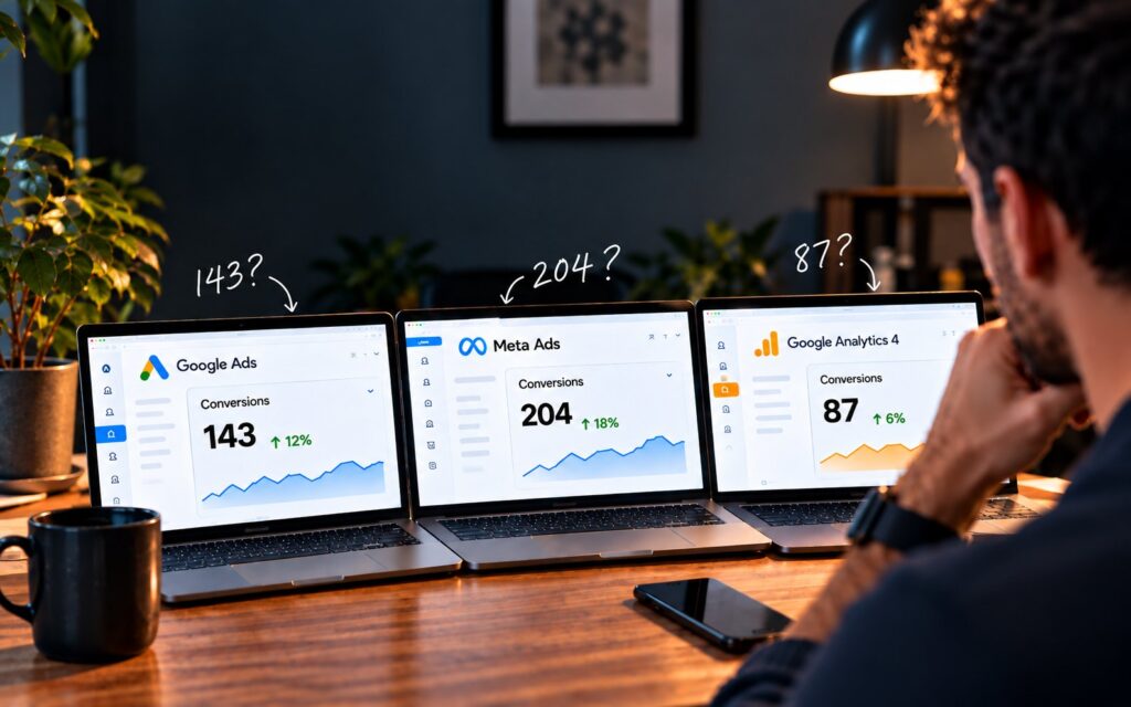 Three laptops showing different conversion counts in Google Ads (143), Meta Ads (204) and Google Analytics 4 (87)