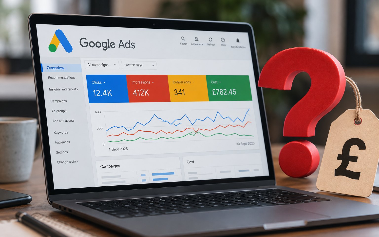 Google Ads dashboard on a laptop beside a red question mark and a price tag with a pound sign