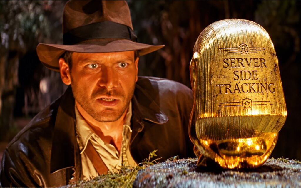 Indiana Jones staring at a golden idol engraved with the words server side tracking