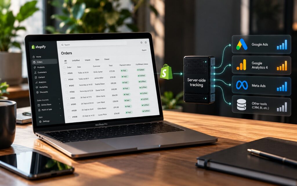 Shopify orders on a laptop feeding a server-side tracking container that sends conversions to Google Ads, Google Analytics 4 and Meta Ads