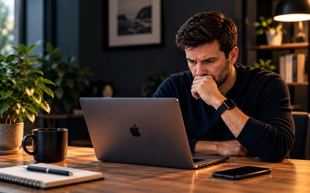 Business owner frowning at a laptop while reviewing his Google Ads agency’s results